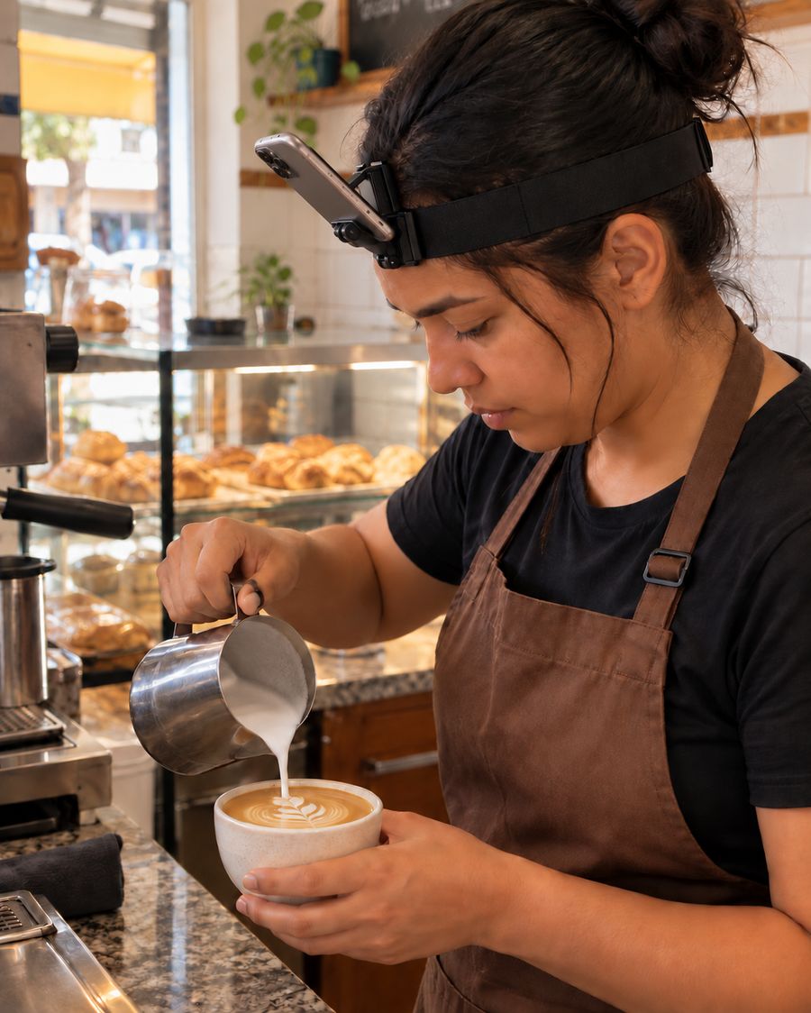 Barista preparing coffee with a phone on her head