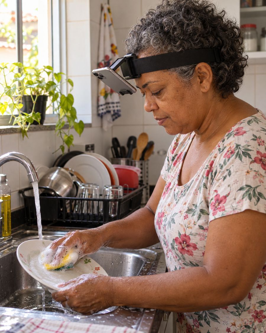 Woman washing dishes with a smartphone strapped to her forehead